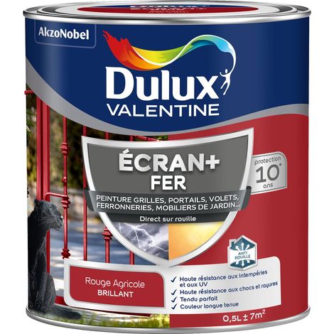 ECRAN+ FER BRILLANT - Peinture pour fer intérieur/extérieur - Grilles, portails, volets, ferroneries, mobiliers de jardin - Rouge Agricole 0,5 L - Dulux Valentine