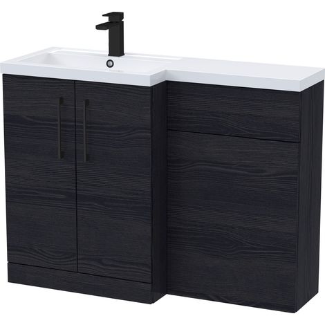 Balterley Left-Hand Bathroom Vanity and WC Unit Combination with Basin - 1100mm - Woodgrain Black with Black Handles