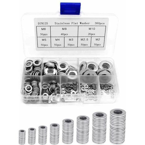 360PCS Rondelles Plates en 304 Acier Inoxydable Assortiment, Rondelles metal, Joint vidange, Rondelles gonds de porte, Rondelles assortiment de lave-mains (M2 M2.5 M3 M4 M5 M6 M8 M10), Ensoleillé (1/5)