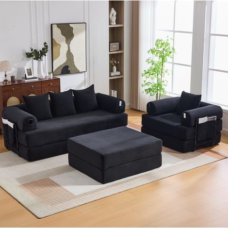Canapé modulaire 200x94x67 cm noir en velours côtelé avec pouf, structure métallique, poche latérale et coussins (1/5)