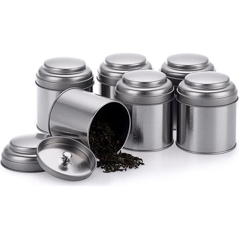 Bote para té，Juego de 6，Cajas metálicas para almacenar frutos secos，Ideales para guardar té，Color plateado (1/5)