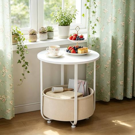 Mesa auxiliar redonda 45x45x50 cm blanca en madera, metal y lona con cesta de almacenamiento (1/4)