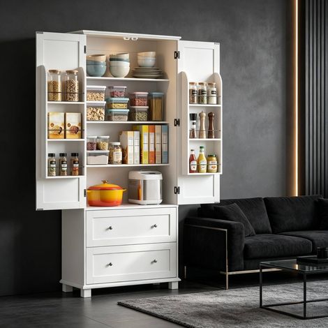Credenza da cucina bianca 2 ante 2 cassetti, ripiani regolabili DESVIAE (1/5)
