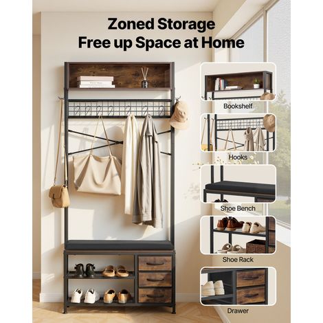Meuble d'Entrée 180 cm, Porte Manteaux avec Banc à Chaussures et 3 Tiroirs, pour Couloir Chambre Dressing, Vestiaire d'Entrée Autoportant, avec Patères, Rangement Supérieur et Inférieur (1/5)