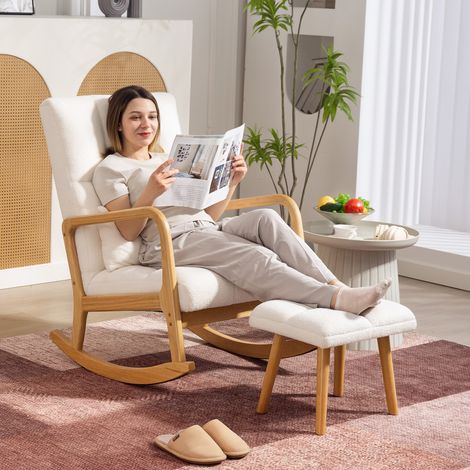 Fauteuil à bascule avec repose-pieds. rocking chair en tissu bouclette. pieds en bois. 64.5 x 82 x 89 cm. blanc