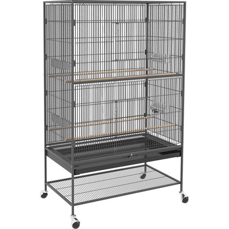 Grande volière en acier avec roulettes, perchoirs en bois et porte verrouillable, 94 x 57 x 153 cm, gris (1/5)