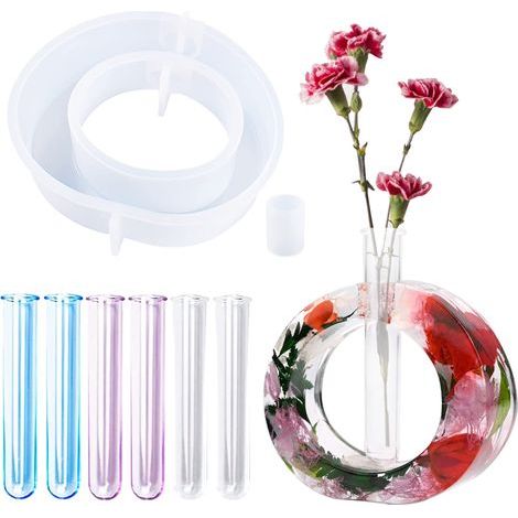 Moule en résine pour station de propagation des plantes, vase rond en silicone pour moulage de résine avec 6 tubes à essai en acrylique pour plantes hydroponiques, décoration de bureau à (1/5)