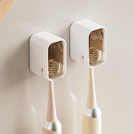 Ensemble de deux porte-brosses à dents muraux pour salle de bain, avec couvercles, marron.