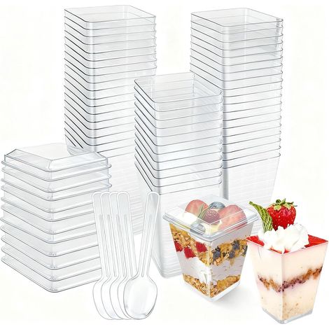 50 Gobelet Plastique,150ml,Couvercle,Cuillère,Dessert,Fête (1/5)