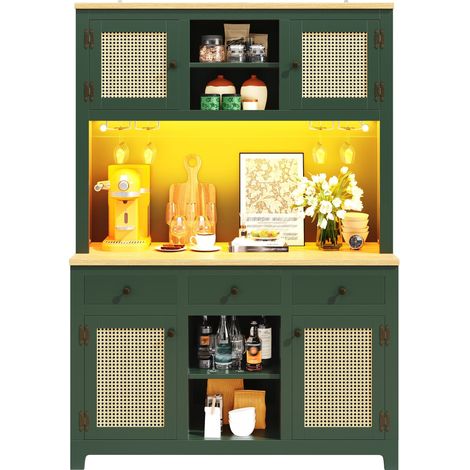 ELVMI Armario Alto de Cocina con Estantes Ajustables, Cajones e Iluminación LED, para Cocina, MDF, 120x40x180 cm, Verde Antiguo (1/5)