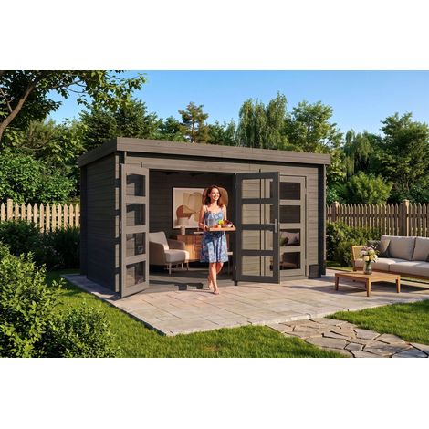Alpholz Gartenhaus Paloma Grande Gartenhaus aus Holz in Anthrazitgrau, Holzhaus mit 28 mm Wandstärke, Blockbohlenhaus mit Montagematerial (1/4)