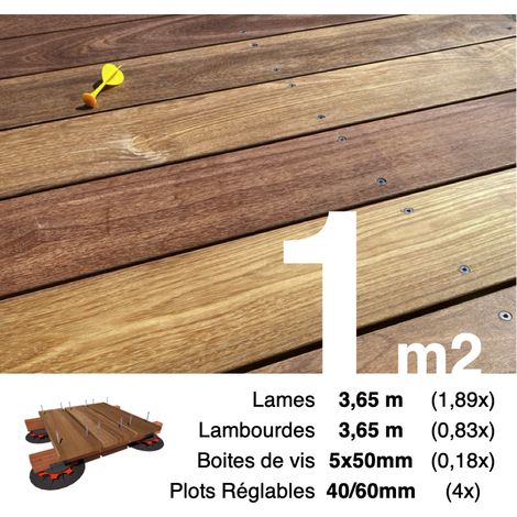 Kit complet terrasse bois exotique CUMARU pour 1 m² • Lames 3,65 m, lambourdes 3,65 m, plots réglables et visserie Inox
