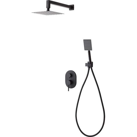 Komplettes Unterputz-Duschset Mit Kopfbrause, Wandarm, Wandhalter, Handbrause, Flexschlauch Und Armatur In Mattschwarz