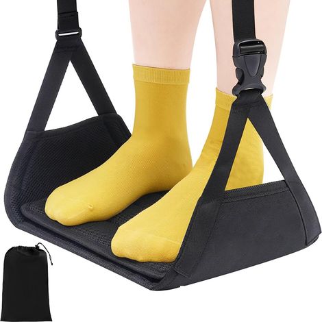 Repose Pieds Avion, Suspendu Portable avec Planche en Bambou Séparée & Sac à Cordon, Hamac à Pied Réglable (1/5)