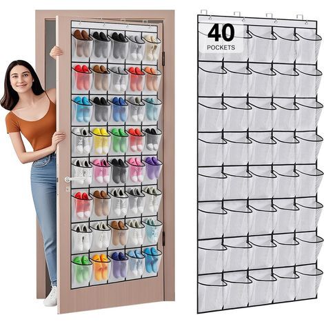 Organisateur De Chaussures Pour Porte - 40 Poches En Maille - Capacité 20 Paires - Tissu Non Tissé Renforcé - Dimensions 194 x 67 Cm - Blanc (1/5)