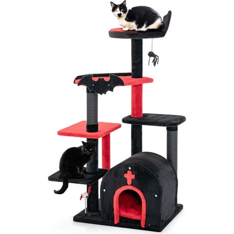 Tiragraffi con letto per gatti condominio ad arco di attività per gatti a 6 livelli, Albero per gatti gotico per gatti di halloween Nero e rosso (1/5)