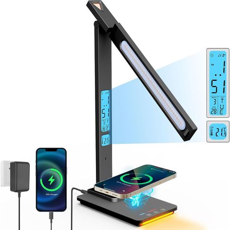 Lampe de Bureau LED Noire Chargeur Sans Fil 10W USB Écran LCD 5 Modes Tactile (1/5)