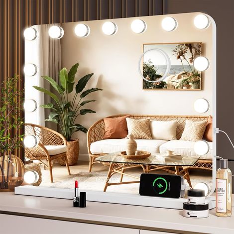 Hollywood-Schminkspiegel mit Beleuchtung, 15 dimmbare LEDs, 50 x 40 cm, Schminktischspiegel, 3 Beleuchtungsmodi, Touch-Bedienung und 10-fache Vergrößerung (1/5)