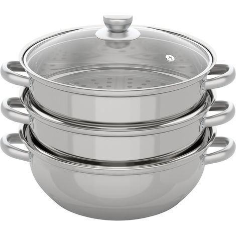 Cuiseur Vapeur Inox 28 cm, Cuit Vapeur Induction 3 Etages Cuiseur à Vapeur pour Légumes, Raviolis, Poissons et Tamales (1/5)