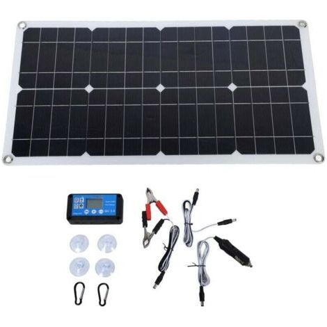 Kit de panel solar de 100 W con clasificación de impermeabilidad IP67 y controlador de 12 V/24 V CC y 20 A. Panel solar portátil para autocaravanas y vehículos recreativos. (1/4)