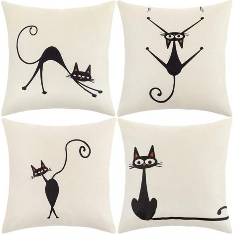 Cushion Cover, 45x45 Pillowcase Set of 4 Decorative Cushion Covers with Flowers, Marine Life, Tropical Plant Pattern for Sofa, Living Room Chair (Cat-Cotton Linen) (1/5)