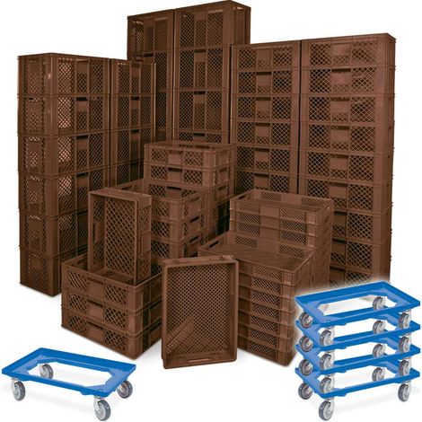 BRB 78 Stück Stapelkörbe/Bäckerkästen in 5 Größen, Grundmaß LxB 600x400 mm, H 90 mm, 150 mm, 240 mm, 320 mm, 410 mm, + 5x Transportroller blau (braun)