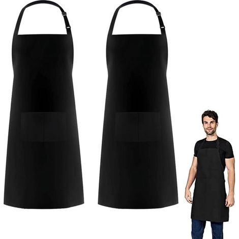 Grembiule da cucina, 2 pezzi, nero (taglia unica), regolabile con tasche, idrorepellente e antimacchia, grembiule unisex per catering per disegnare, grigliare, (1/5)