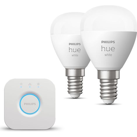 Philips Hue Kit de démarrage E14 avec 2 Ampoules Sphérique Lumière blanche chaude - Comprend 1 Bridge - White (1/5)