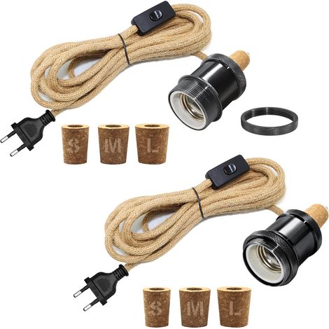 2PCS Adaptateur Bouteille pour Douille de Lampe, 240CM Corde de Chanvre Câble, Céramique Douille E27, Support Lampe Bouteille, 3 Bouchons Souples, Kit Lampe Bouteille pour Différent Abat Jour, Noir (1/5)