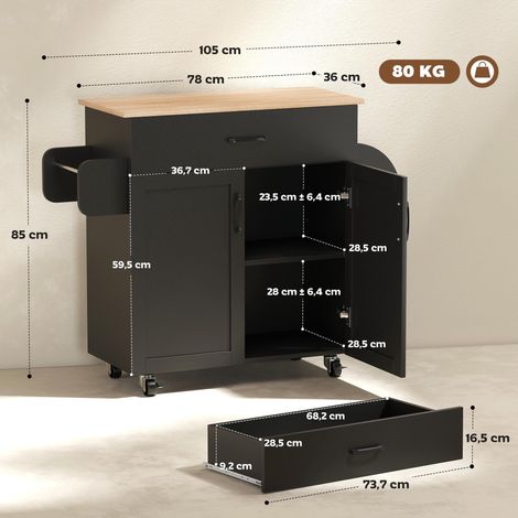 Dessert îlot de cuisine multi-rangements tiroirs placard 2 portes avec étagère réglable 105 x 36 x 85 cm noir (1/5)
