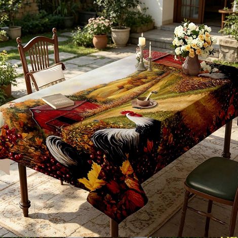 Nappe rectangulaire à motif coq et fleurs (1 pièce), idéale pour une table de ferme estivale. Infroissable. (1/4)
