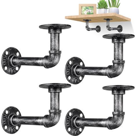 4 piezas de soportes industriales para tubos, codos y estantes flotantes - Soportes para libros, decoraciones de muebles antiguos (plata, 15,8 cm) (1/5)