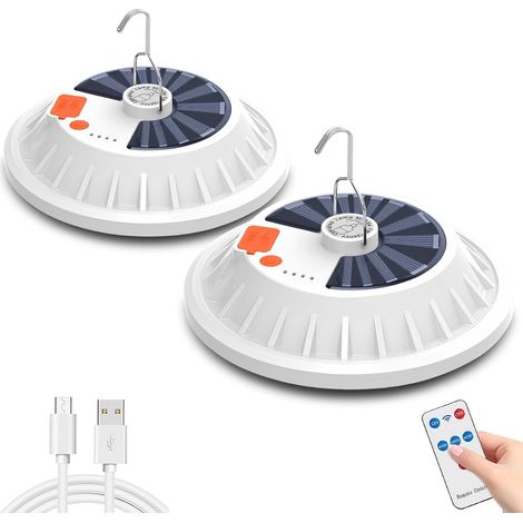 Lot de 2 Lampe Camping Solaire, Lampe Exterieur Rechargeable par USB avec Télécommande, 5 modes avec crochet, Lanterne de Camping Étanche Portable pour la randonnée, la pêche, les urgences (1/5)