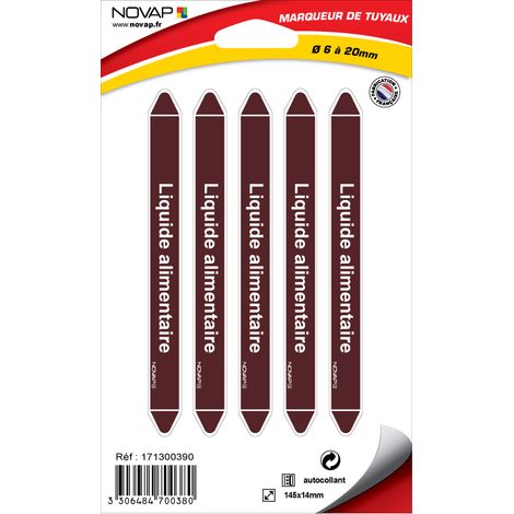 Planche de 5 marqueurs de tuyauterie 145 x 14 mm pour Ø 6 à 20 mm - Liquide alimentaire - 4700380