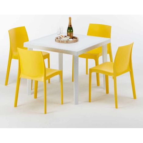 Weiß Quadratisch Tisch und 4 Stühle Farbiges Polypropylen-Außenmastenset Grand Soleil Rome Love - Gelb