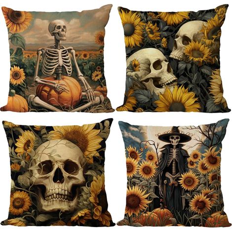 Juego de 4 fundas de cojín de Halloween, 45 x 45 cm, con diseño de girasol, calavera, calabaza y esqueleto, hechas de lino, para sofá o sillón. (1/4)