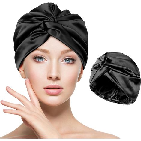 Nachthaube aus Satin, Nachthaube aus Seide, elastische und atmungsaktive Nachthaube für Damen, Schutz für langes und lockiges Haar (schwarz) (1/5)