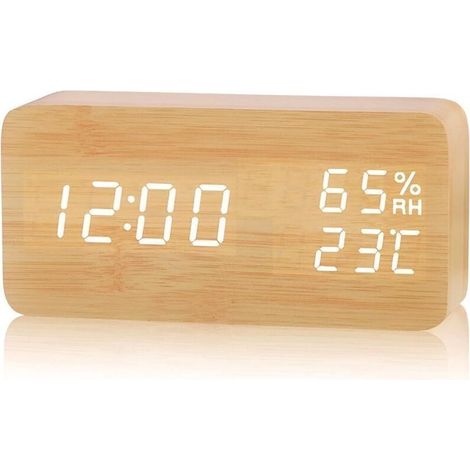 LED Réveil Électronique en Bois, Horloge Numérique avec 3 Réglages d'Alarme, Numérique Réveil Alimenté par USB Affichage de l'Heure, de la Température et de l'Humidité,12/24 Heure (1/4)
