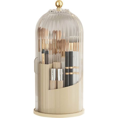 Porte-cosmétiques transparent rotatif avec porte coulissante, boîte de rangement pour pinceaux de maquillage, couvercle blanc (1/5)