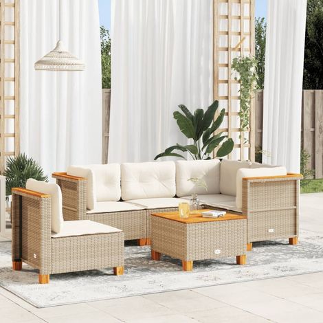 Ensemble Salon Jardin 6 Places Résine Tressée Beige avec Coussins Détachables - Table Acacia et Structure Acier (1/4)