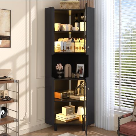 Armario esquinero 63.5x157.5 cm negro MDF con acabado lacado, LED y doble puerta (1/5)