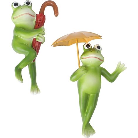 Lot de 2 grenouilles avec parasols pour pots fleurs, statues jardin en résine décoration extérieure (1/4)