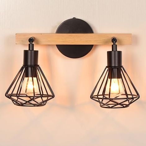 Lampes Applique Murale Interieur Luminaire E14 Cage Lampe Murale en Métal et Bois Réglable Plafonnier Éclairage Mural pour Chambre Salon Cuisine Café (11cm, Noir)