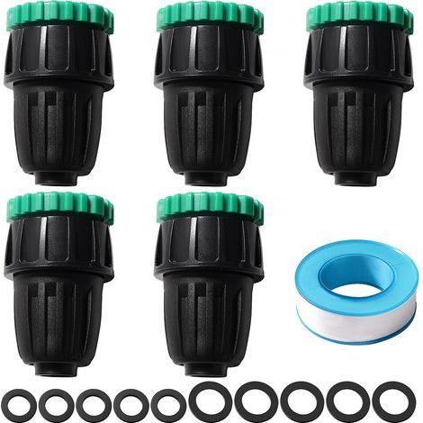 5-Piece Irrigation Fitting Kit - Micro Irrigation Adapter - Quick Connect G1/2 G3/4 - For 13mm and 16mm Hoses - Agriculture, Garden, Lawn - Black and Green - 10m