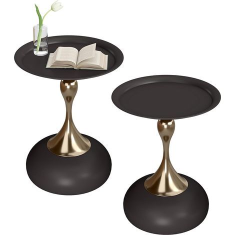 Runder Beistelltisch aus schwarzem und goldenem Metall, kleiner Couchtisch, Vintage-Beistelltisch, Sockeltisch für das Wohnzimmer zur Inneneinrichtung, 38 x 54 cm (1/5)