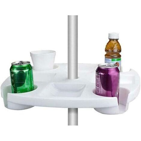Plateau de table pour parasol de plage, rond de 42 cm, en plastique, porte-gobelet, porte-bière, plateau de rangement pour collations, pour jardin et piscine - Blanc (1/4)