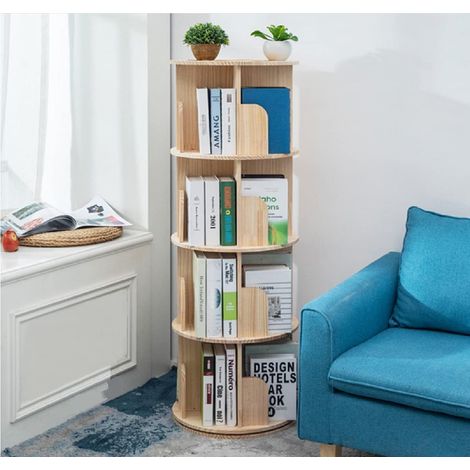 Bibliothèque Rotative en Bois Massif - Étagère 360° à 4 Niveaux pour Enfants et Adultes, Parfaite pour le Rangement (1/5)