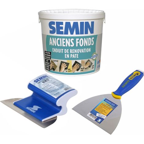 Enduit de rénovation pour les supports irréguliers Anciens Fonds Semin - intérieur/extérieur - seau de 1,5 kg, un couteau à enduire - 15 cm et une lame CE 78 pour enduire et lisser - 15 cm (1/5)