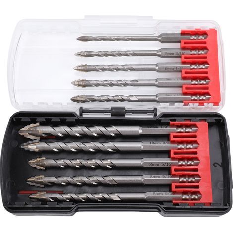 Set of 10 serrated drill bits with 6.35 mm (1/4 inch) hexagonal shank, carbide tips from 4 to 12 mm, for masonry, concrete, tile, glass, plastic and wood. (1/5)