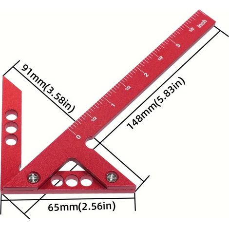 Règle d'angle en alliage d'aluminium, règle centrale, règle de positionnement d'angle droit avec flèche triangulaire 45°/90°, unité impériale de 4 pouces